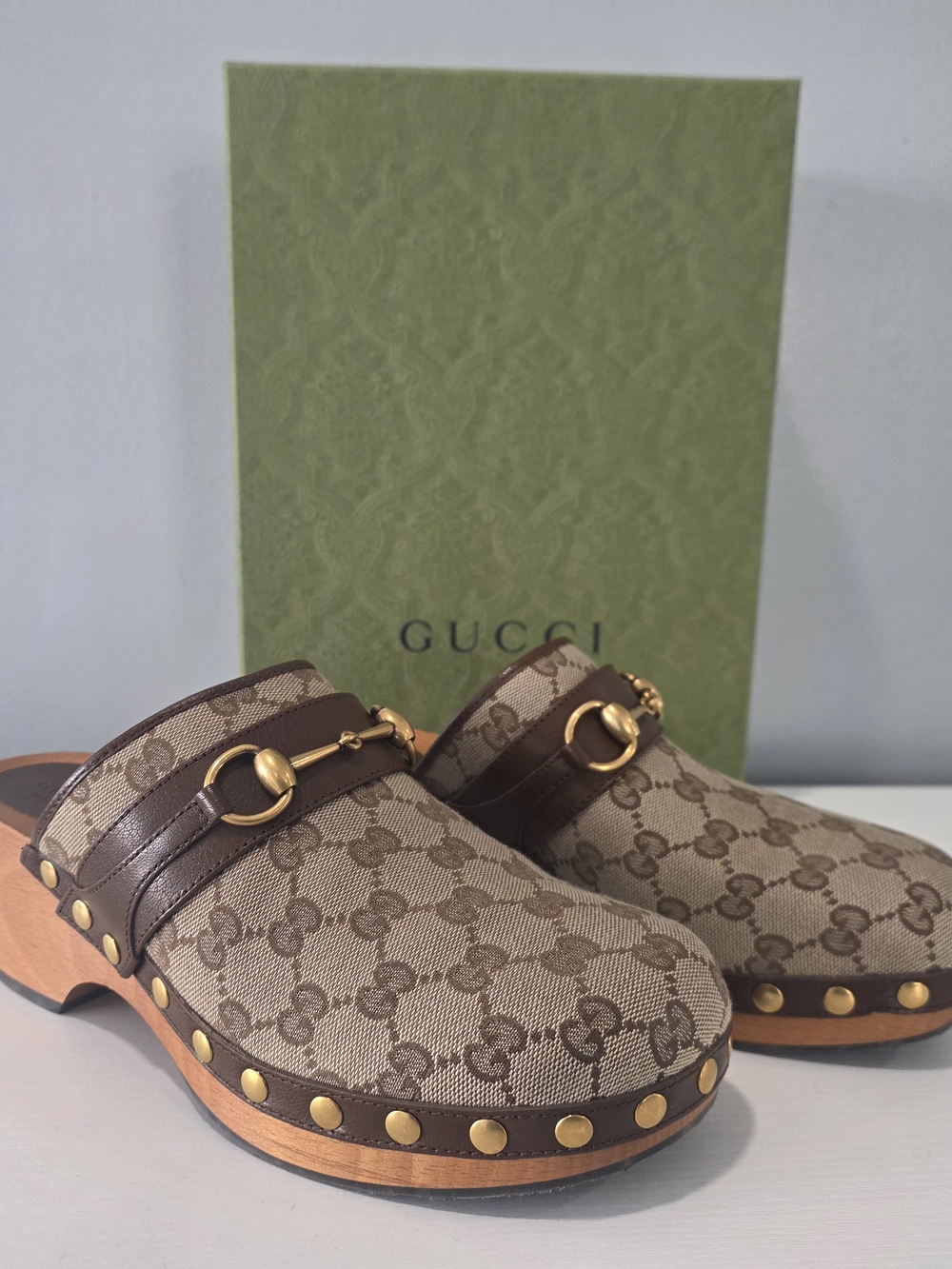 Gucci Beige & Brown GG Canvas Studded Clog - Picture 7 of 16